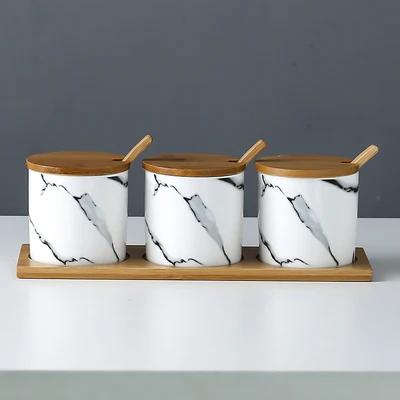 Kitchen seasoning tools ceramic seasoning jar set marble pattern cruet bamboo tray kitchen supplies seasoning box salt shaker