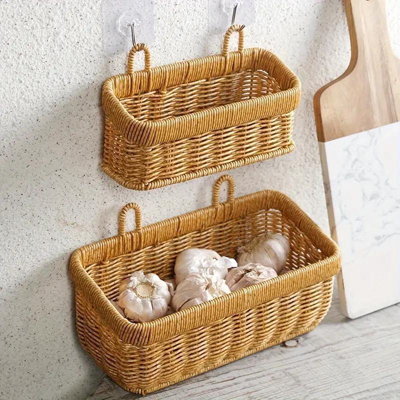 Wall Hanging Woven Storage Basket Set | Plastic Rattan Hanging Organizer with Hooks | 2 Sizes Kitchen Pantry Storage Basket for Home Decor
