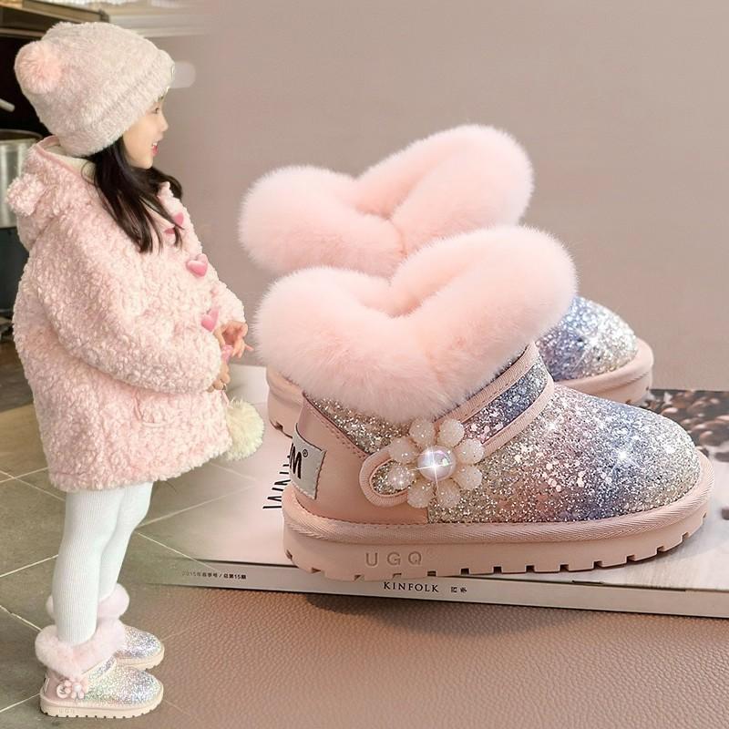 Winter Girls' Warm Snow Boots Fleece-lined and Thickened Princess Boots Warm Cotton Shoes