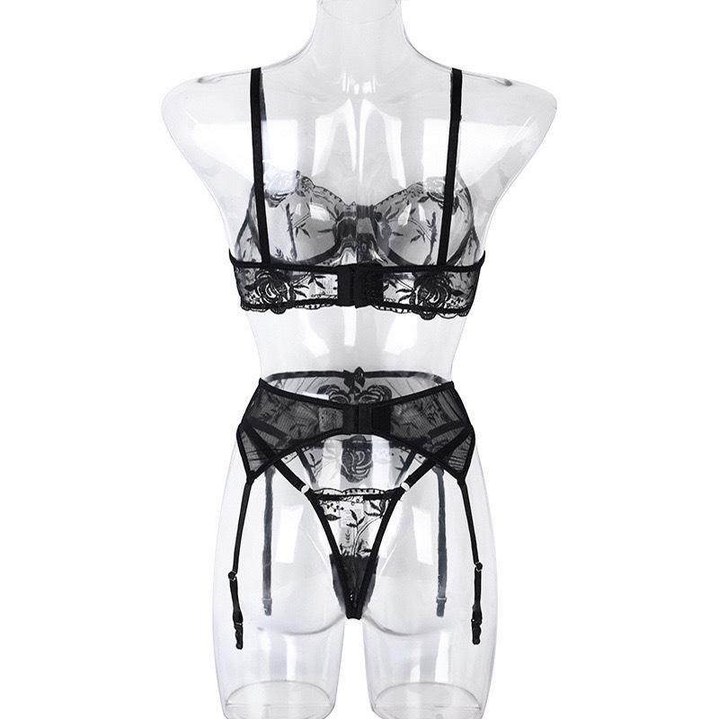 Mesh Embroidery Underwire Lingerie Set: Bra, Panties, and Garter - European & American Style