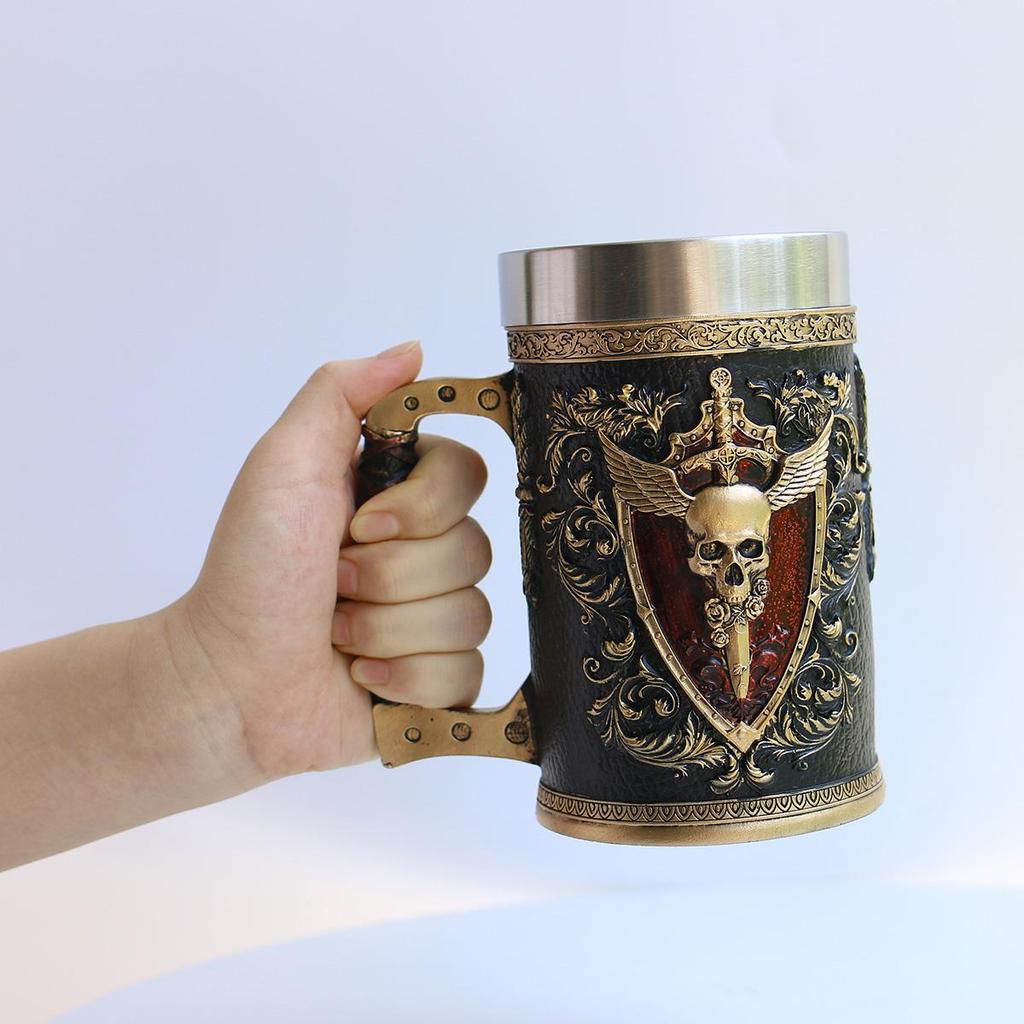 Kubek z czaszką wojownika wikingów z wkładką ze stali nierdzewnej, średniowieczny kufel do piwa kufel filiżanka kawy kubek 550ml GRGR