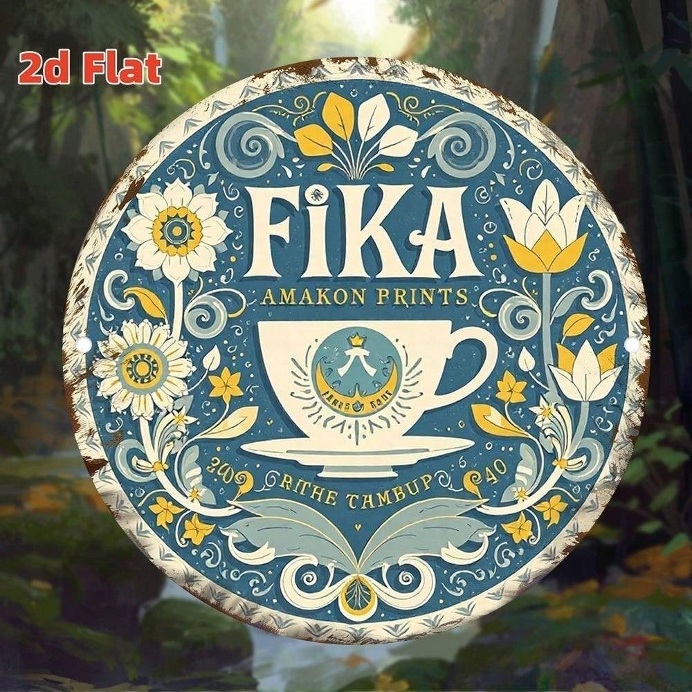 Metal Wall Art Sign Swedish Fika Vintage Tin Poster Round 20cm for Cafe Home Decor