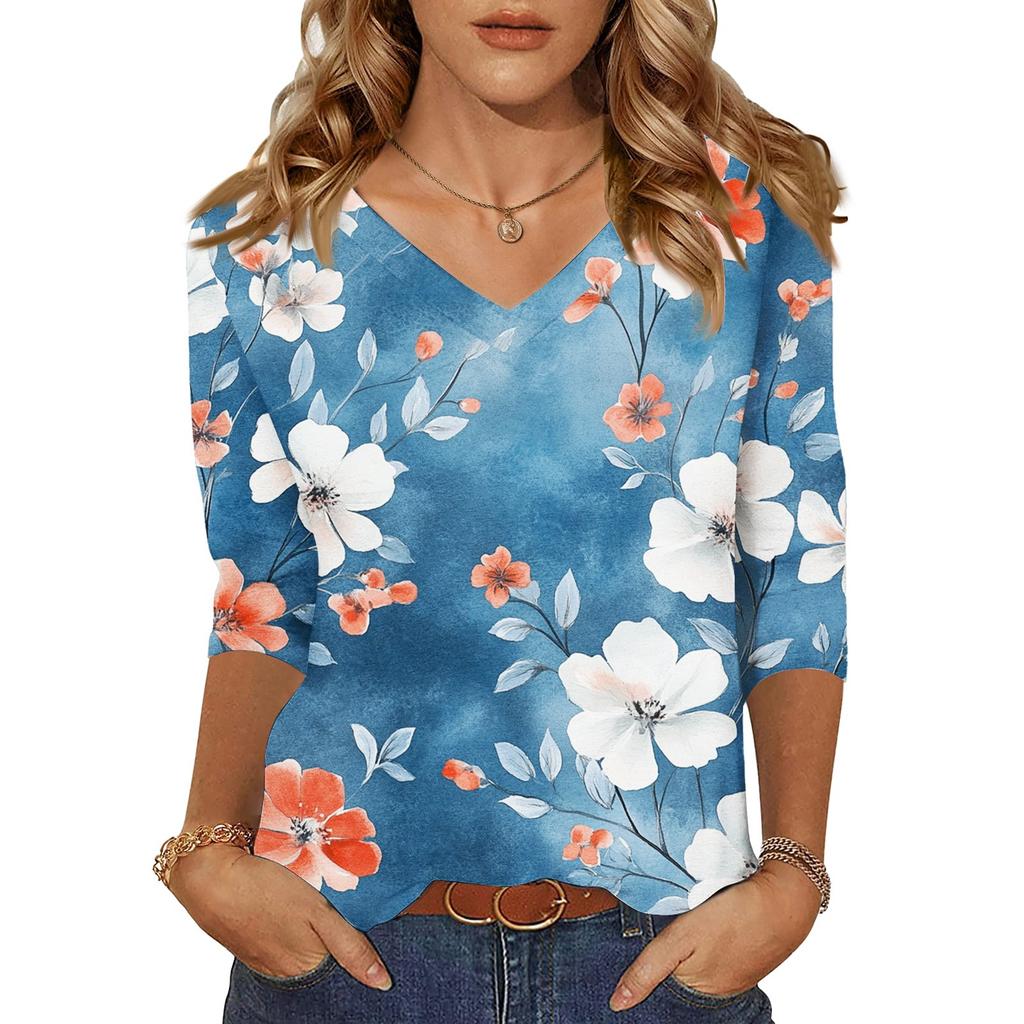 Women's Tops Three-quarter Sleeve Shirt V-neck Loose Casual Shirt Floral Printed T-shirt