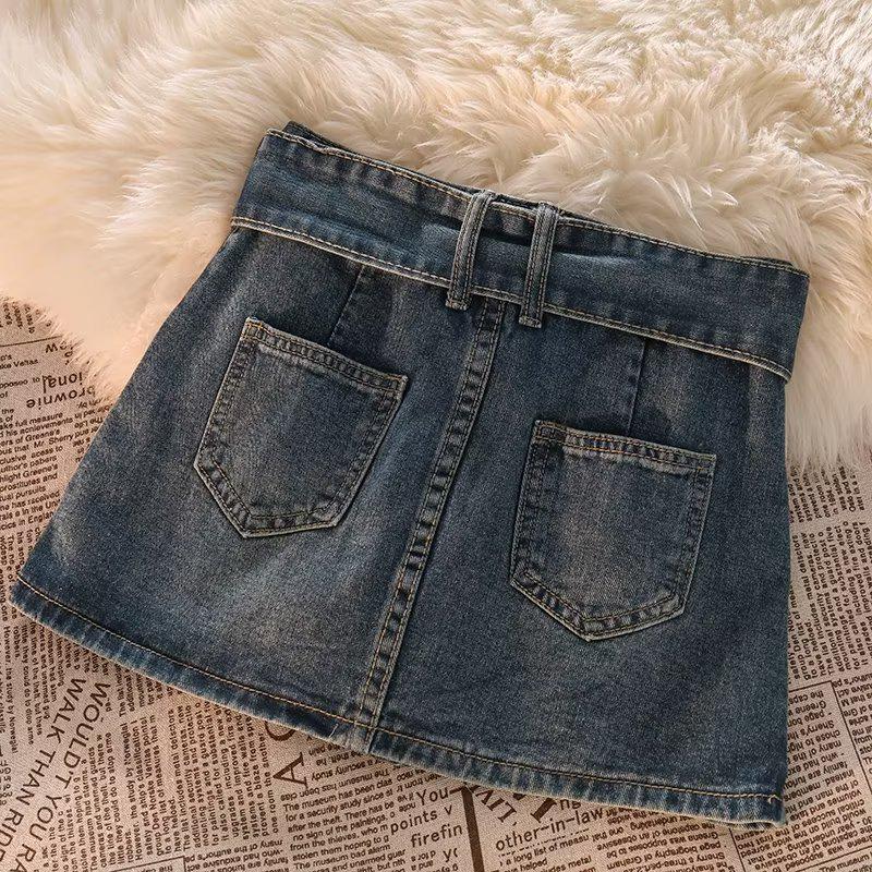 Damen High Waist Retro Blau Denim A-Linien Midi-Rock - Sommer Süß Schlankmachendes Design