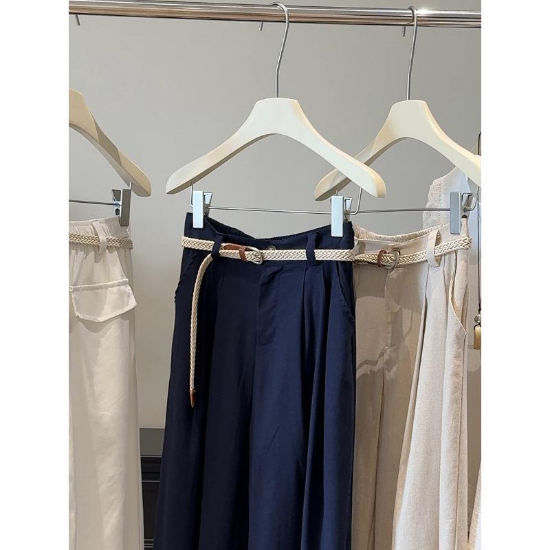 

Ice silk cotton and linen wide-leg pants women s eight-point pants new thin high-waisted drape loose and thin straight casual pants S темно-синий
