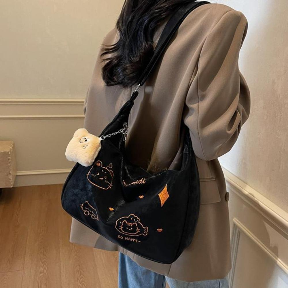 

Embroidery Cute Cat Shoulder Bag Large Capacity Cartoon Commuting Bag Students Black without Pendant