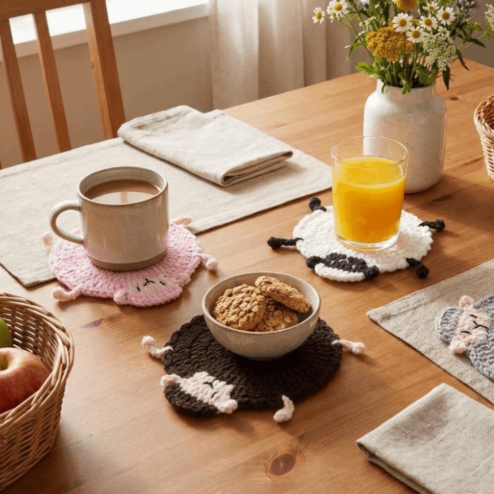 Cartoon Knitted Animal Coaster Handmade Teacup Pad Creative Crochet Lamb Coasters Home Decor