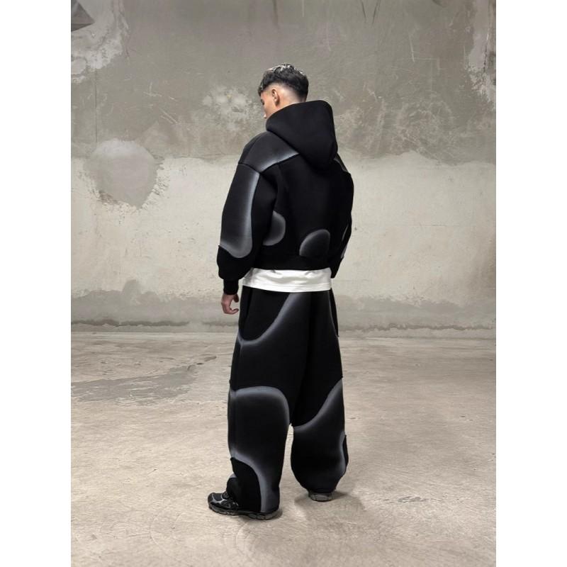Pánská tmavá Streetwear mikina s kapucí a tepláková souprava s dlouhým rukávem