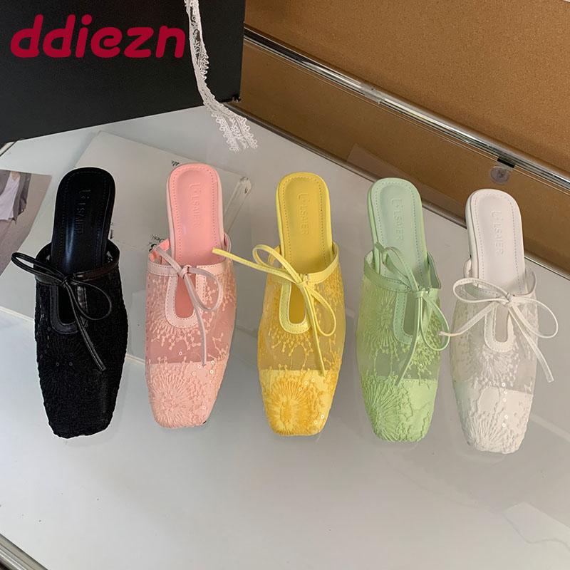 Fashion Luxury Fashion Mesh Ladies Flats Slippers Butterfly-Knot Women Flats Slippers Mules Shoes Female Slides Sandals