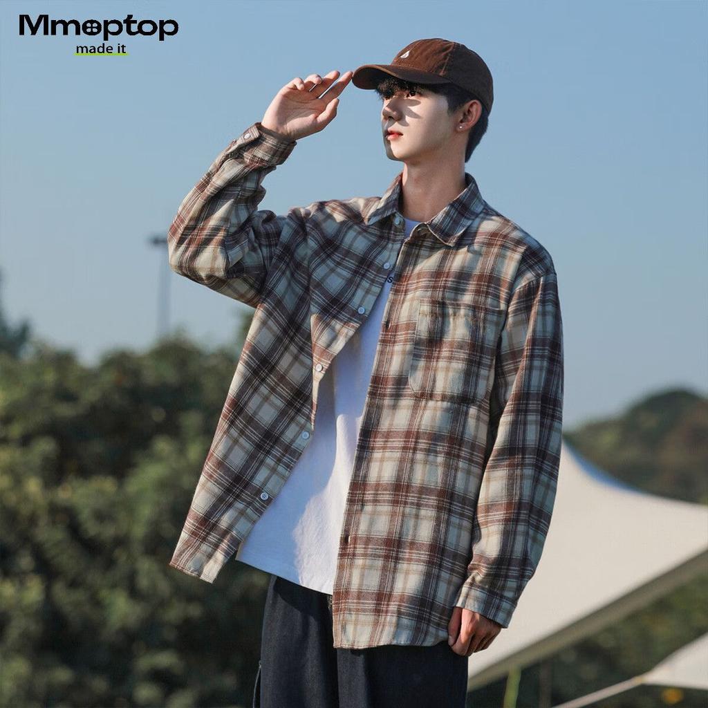 MMOPTOP Japanese Retro Long-Sleeve Plaid Shirt for Men, Spring And Autumn Trendy Loose Casual Jacket 6062, Coffee Color, Size 2XL