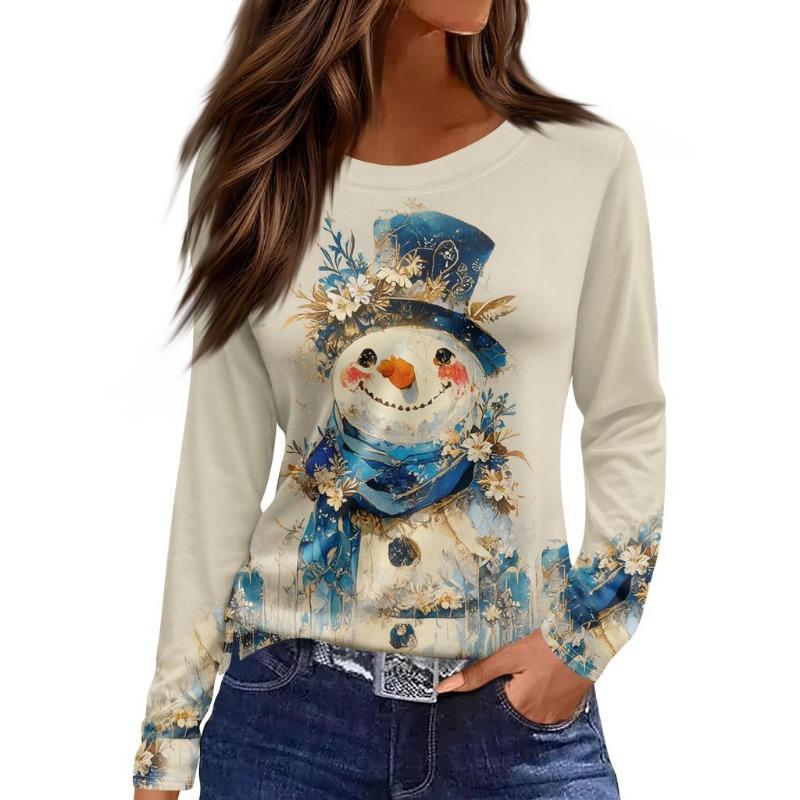 Christmas Limited Edition Women's 3D Floral Snowman Print Round Neck Long Sleeve T-shirt Fashion Casual Long Sleeve Top