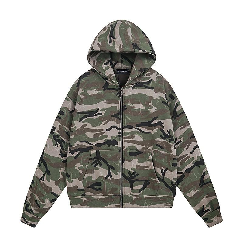 Unisex Oversized Camo Hooded Fleece-Lined Zip-Up
