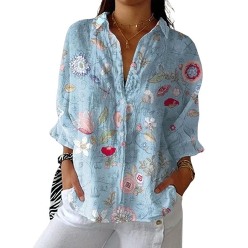 Women's Winter Fashion Light Blue Floral Long-Sleeve Top