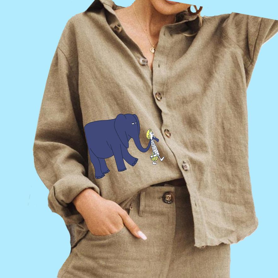 

Женская мода блузка с воротником-лацканами, женская повседневная рубашка на пуговицах из хлопка и льна с принтом 3XL хаки