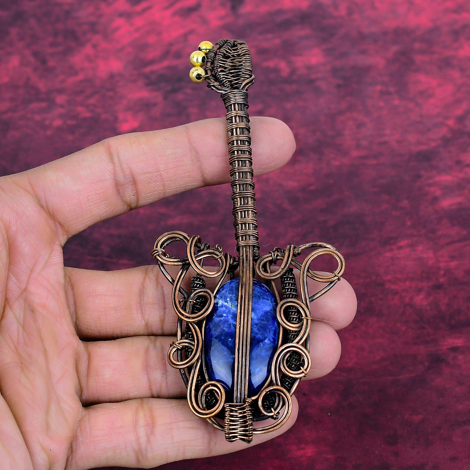 Sodalite Gemstone Pendant Handmade Guitar Pendant Copper Wire Wrapped Jewelry