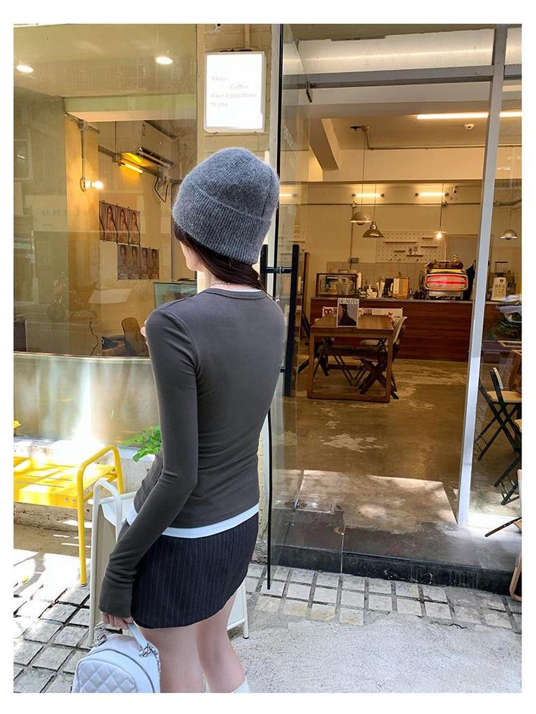 Women's Korean Style Colorblock Zip-Up Cardigan Long Sleeve T-Shirt - Autumn/Winter 2024 Slimming Top