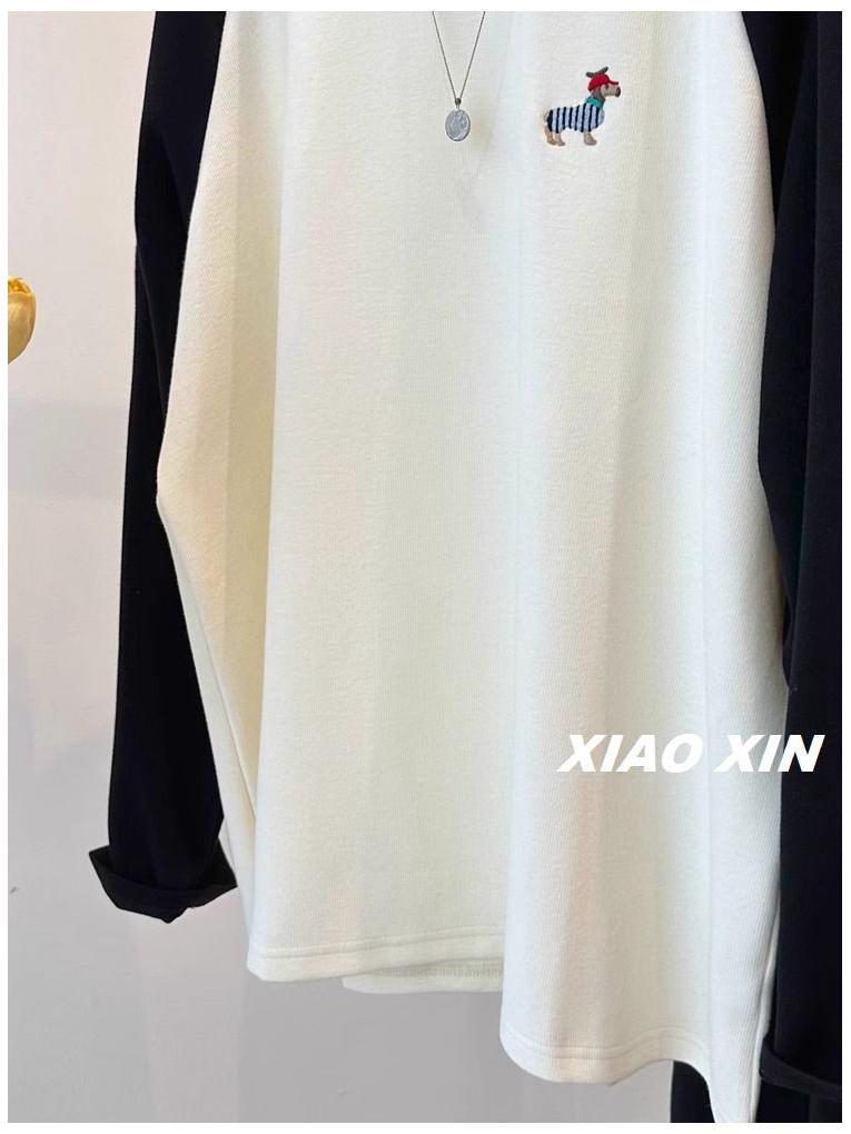Cartoon Embroidery Puppy Cashmere Base Layer Long Sleeve T-shirt for Plus Size Women - Autumn/Winter Collection