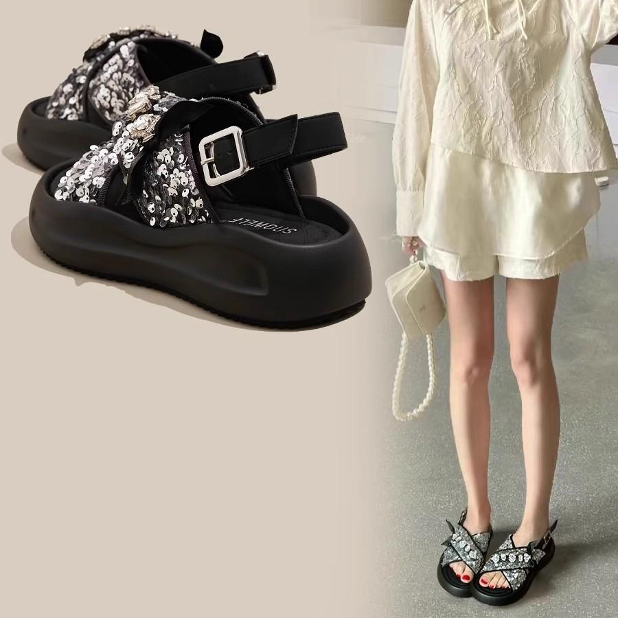 Platform sandals women's shoes 2025 summer new open-toe cross one-word buckle new Chinese sequined Roman beach shoes
