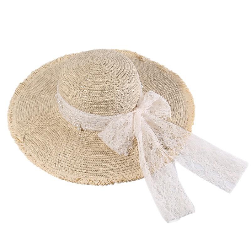 Damen Sommer Strohhut mit breiter Krempe, Spitzen-Schleife und fließenden Bändern: Sonnenhut für Ausflüge und den Strand
