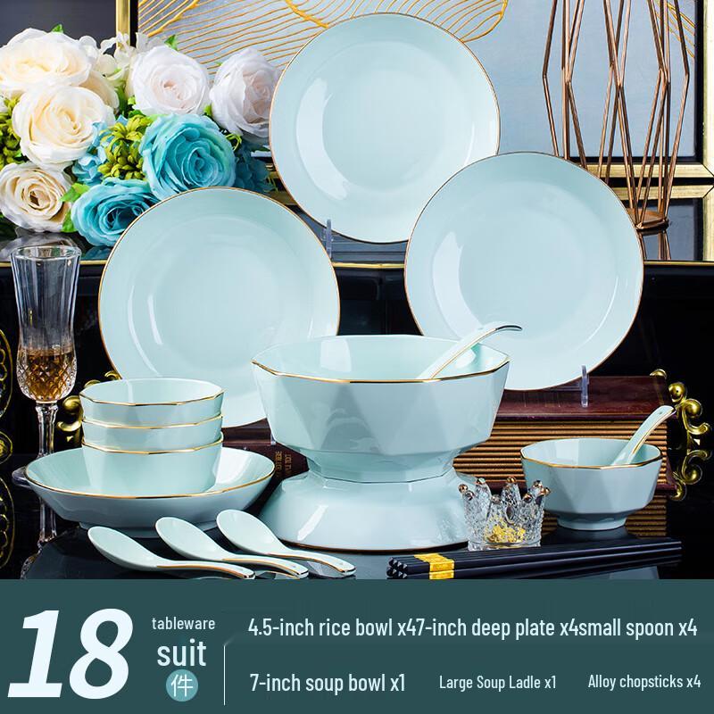 ZISIZ Handmade Gold-Painted Celadon Ceramic Dinnerware Set