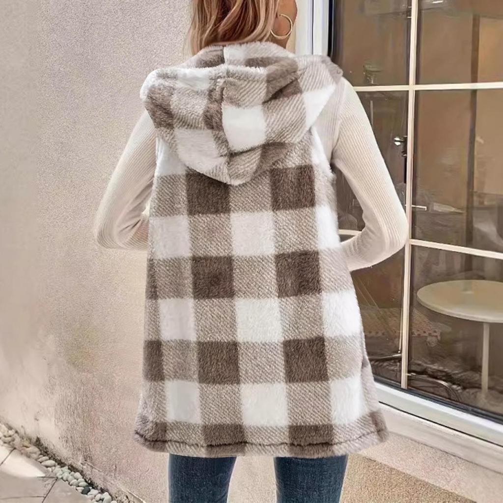 Dámský temperamentní kardigan kostkovaný s kapucí plyšová vesta bunda
