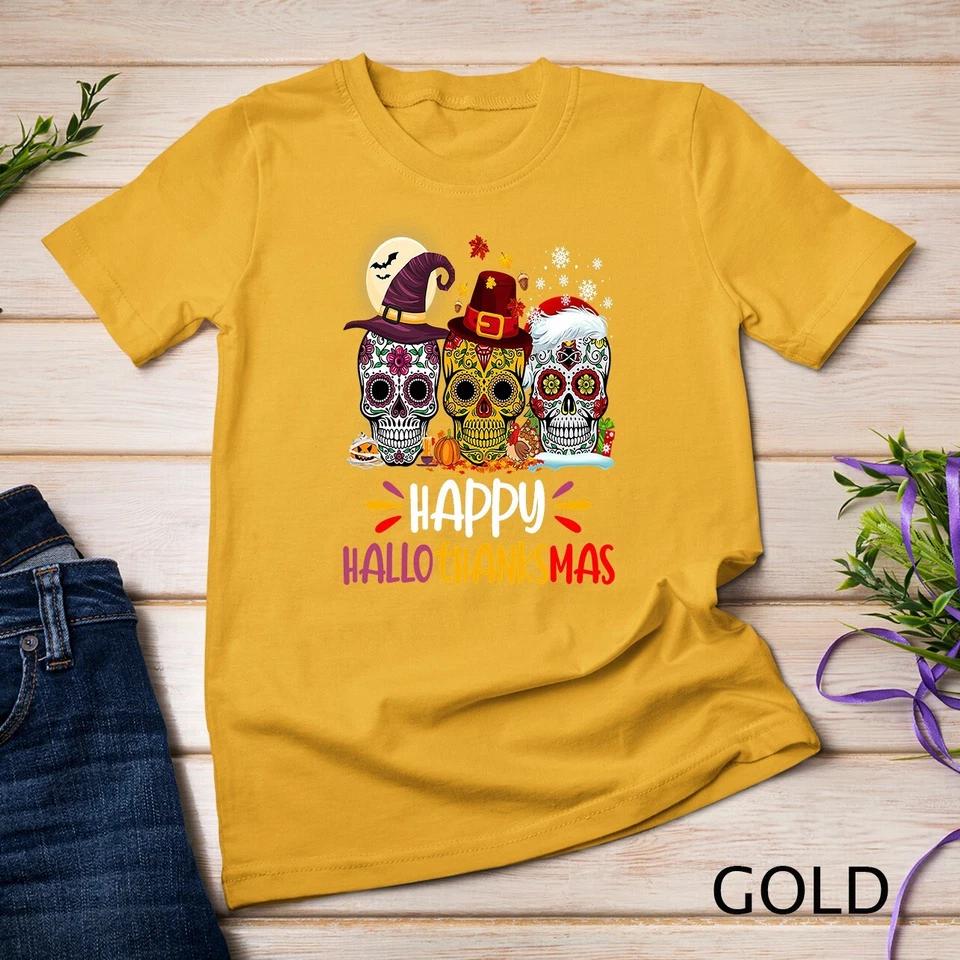 Hallothankmas Halloween Thanksgiving Christmas Sugar Skull Unisex T-shirt 3 S