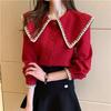 Women's Red Doll Collar Cardigan Shirt - Long-Sleeve Top for Spring & Autumn 2025, Little Fragrance Style