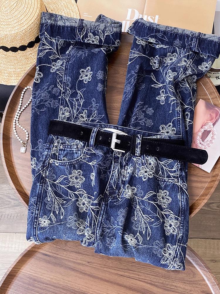 Winter 2026 High-Waisted Blue Chic Retro Embroidered Jeans - Plus Velvet Thickened Straight Leg Pants