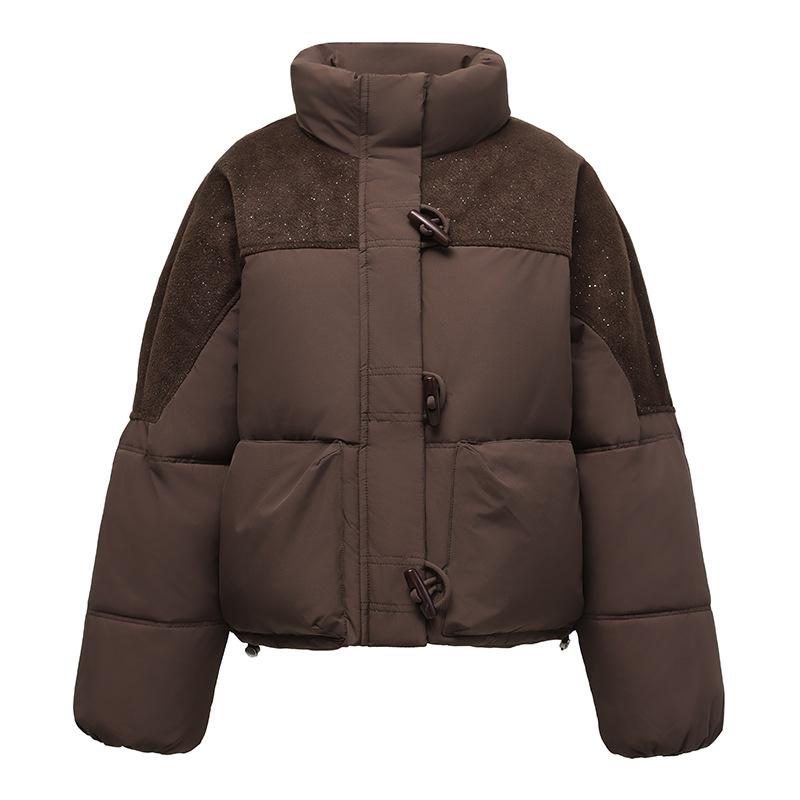 European sequined splicing stand-up collar short cotton jacket horn buckle 2025 winter new small warm cotton coat