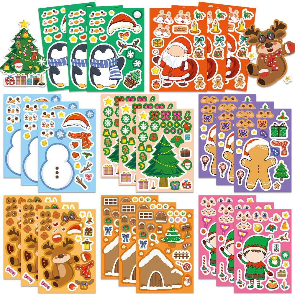 8/16sheets Merry Christmas Puzzle Stickers Cartoon Santa Claus Make a Face Jigsaw Decals Funny Assemble Education Toy Boys Girls