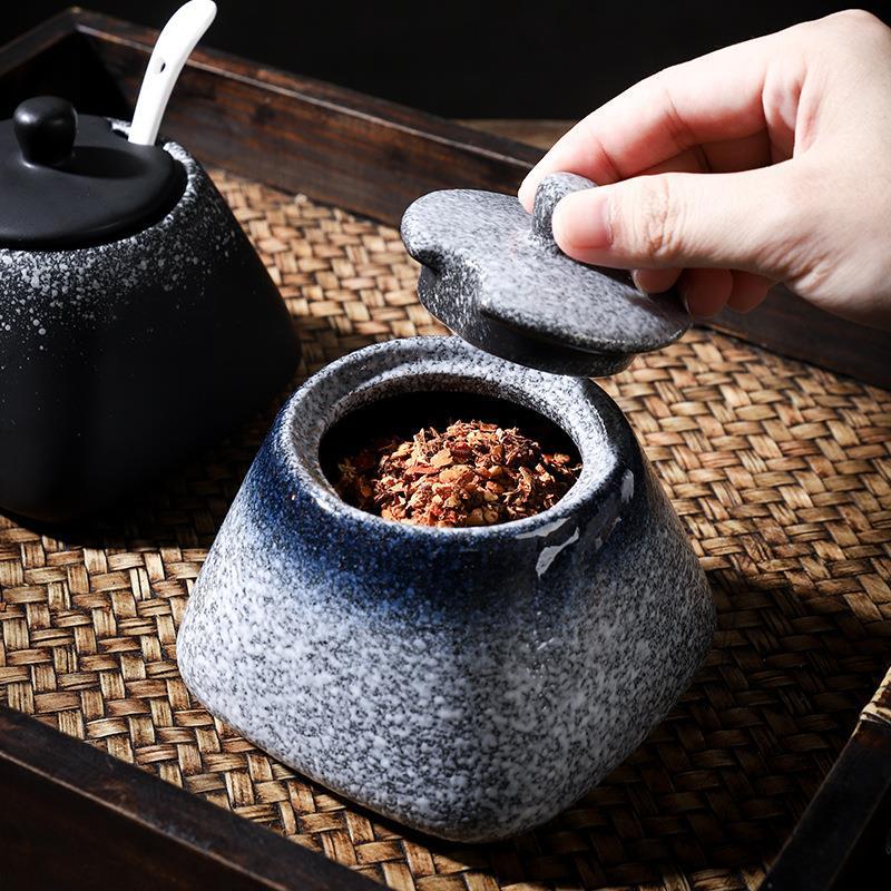 Ceramic Seasoning Jar with Lid, Spice Jar with Spoon, Salt and Pepper, Sugar Jar, Spice Storage Box, Kitchen Storage Container