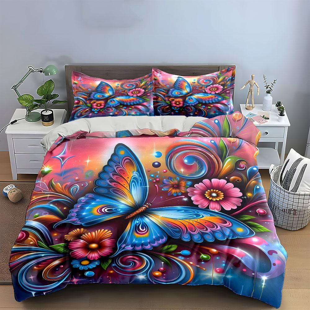 Colorful Butterfly Floral Design Bedding Duvet Cover Set (1*Duvet Cover 2*Pillowcases, Without Duvet Insert)