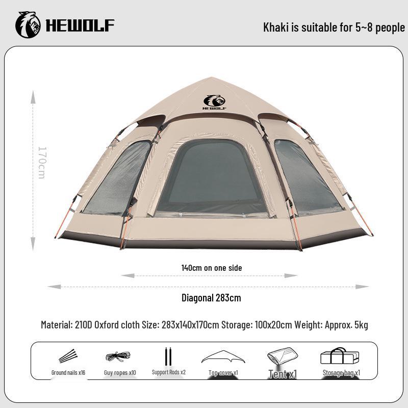 Men's Wolf Outdoor Instant Tent - Hexagonal, Anti-Mosquito, Windproof, Rain Resistant, 4-Sided Mesh Windows