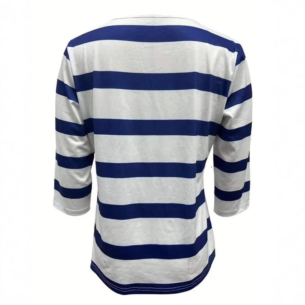 2025 Summer New Women's Casual V-Neck Button Striped T-Shirt Fashion Versatile Top for Europe and America