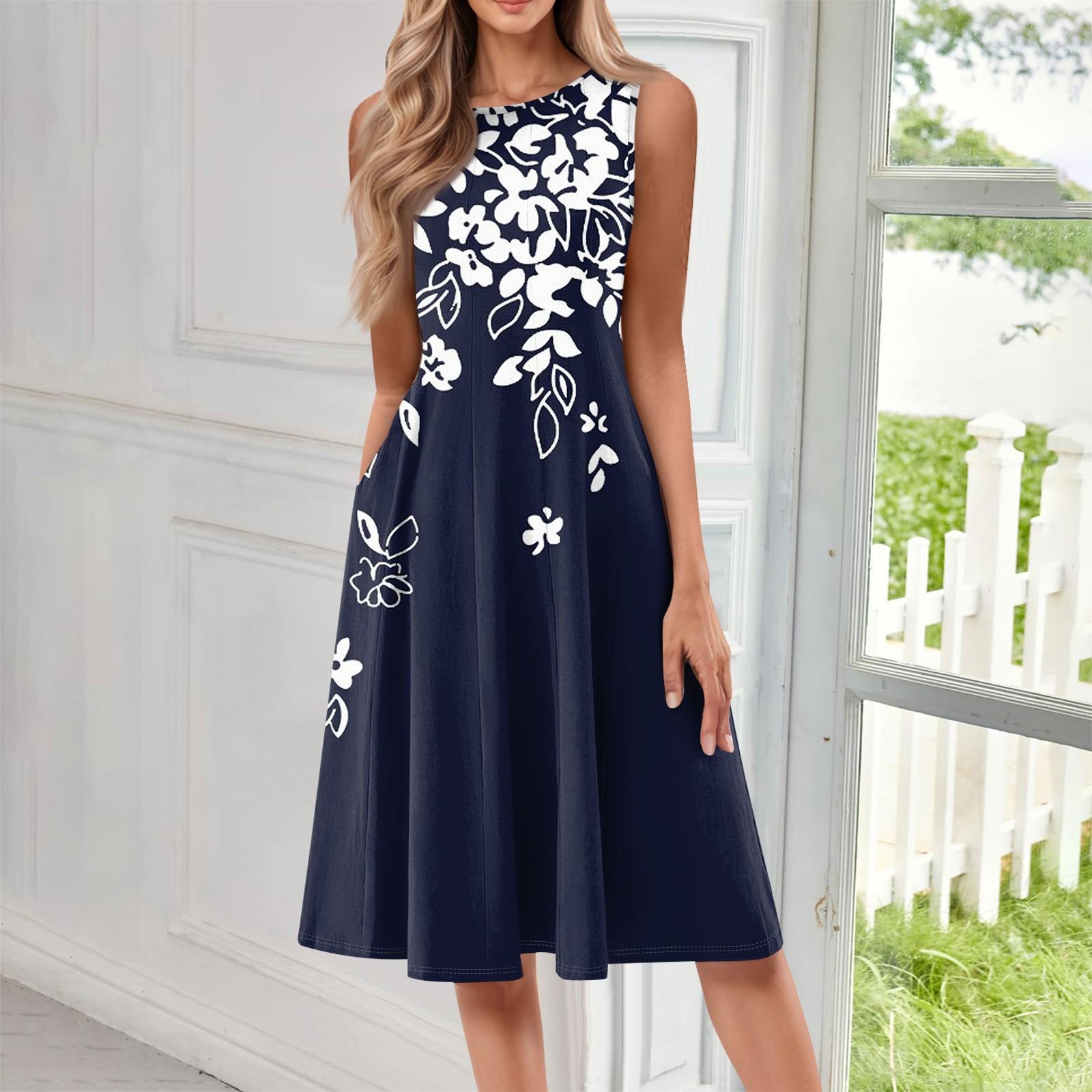 

Женское модное повседневное платье-пуловер с круглым вырезом без рукавов и принтом средней длины M тёмно-синий