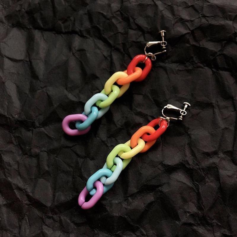 Mode Kette Ohr Haken Frauen Lange Regenbogen Clip Ohrringe Club Schmuck