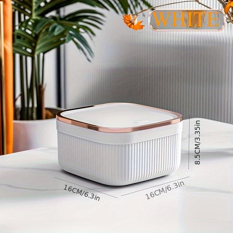 Square Press Type Mini Trash Can Quiet Close Elegant Ribbed Design with Golden Accents Plastic Desktop Bin Bathroom Home Use