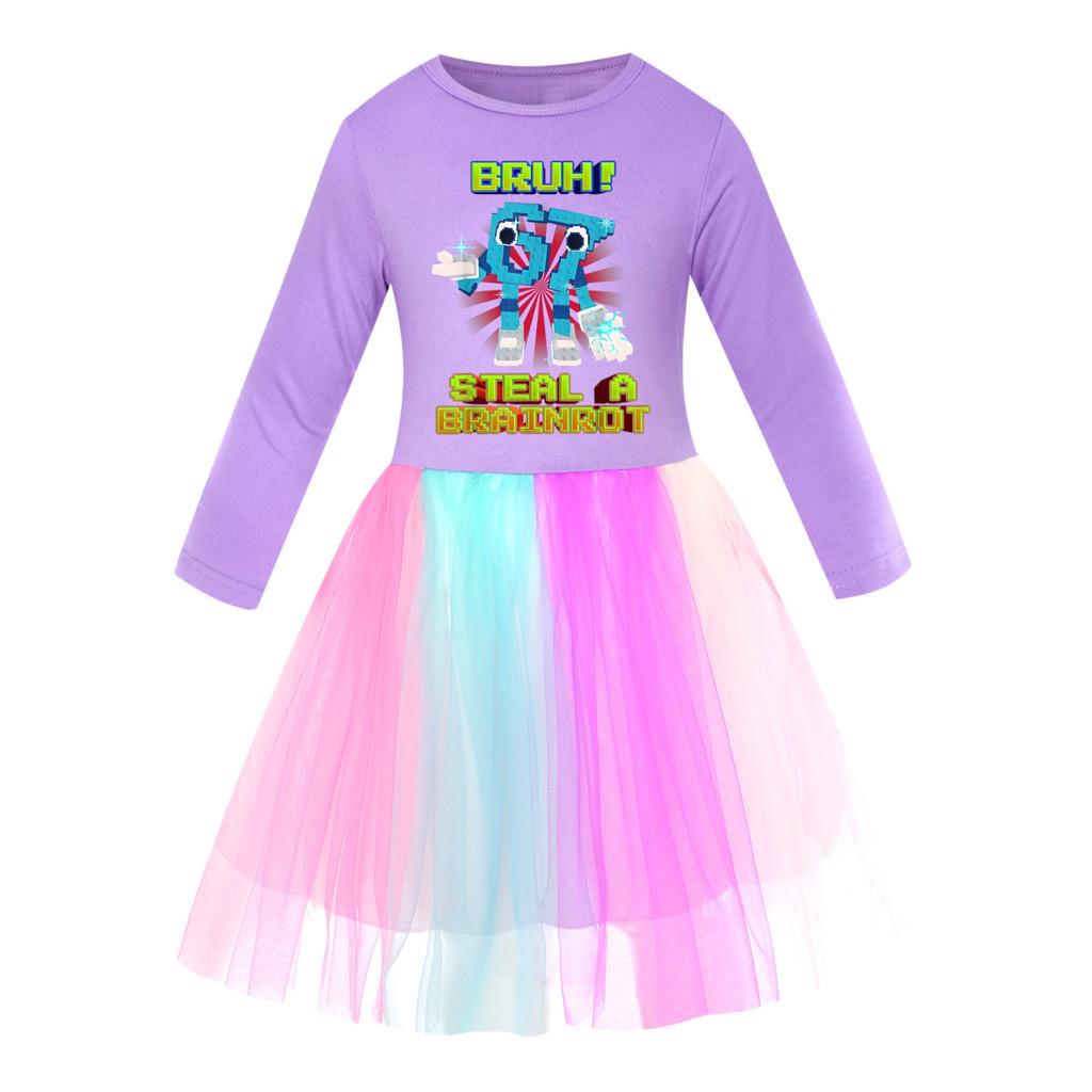 5194 Kinder Mädchen Steal a Brainrot 67 Six Seven Print Mesh Regenbogen Rundhals Lässig Lässig Baumwollkleid
