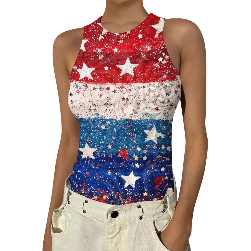 Women's Fashion Round Neck Independence Day Print Sleeveless Vest Top