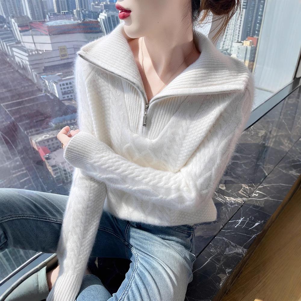 Women's Heavyweight Thickened 100% Wool Half-Zip Sweater, Autumn/Winter Fashion, Versatile Knitwear with Large Turn-Down Collar.