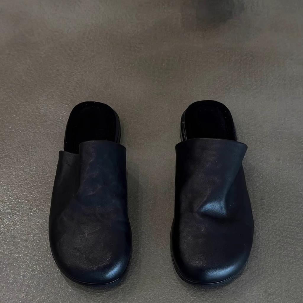 Soft Sheepskin~ One-pedal Lazy Leather Bag Head Sandals Women's Summer Black Commuting Versatile Wear Muller Half Slippers