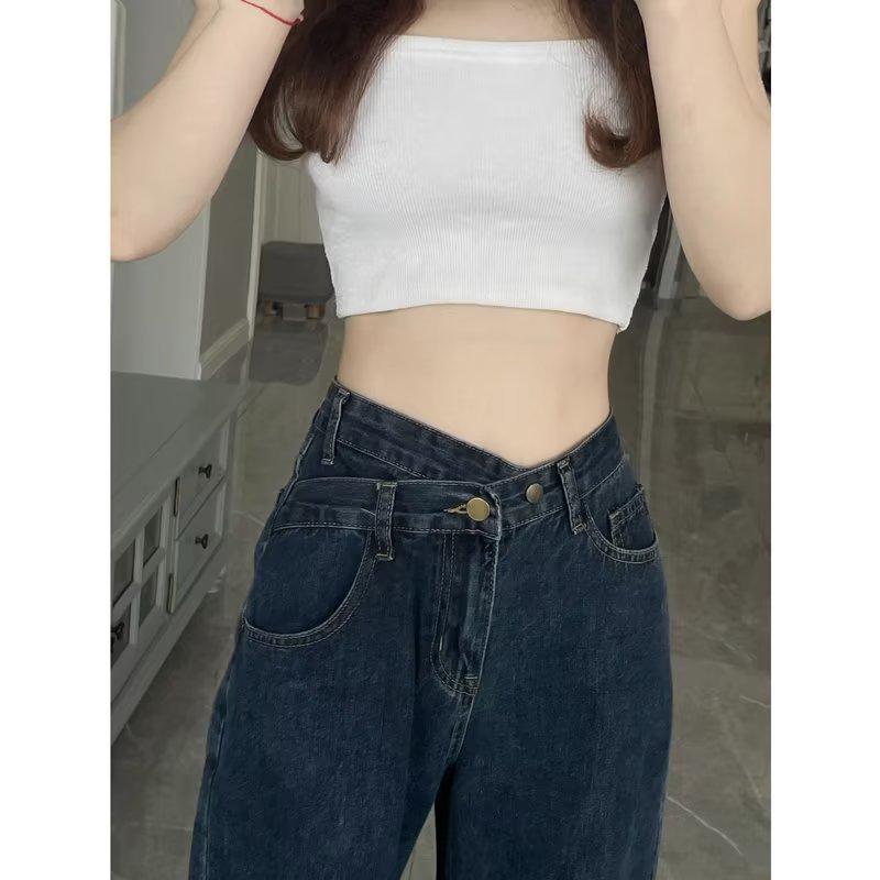 Women's High-Waist Blue-Gray Wide-Leg Jeans: New Spring/Autumn Styles, Cross-Waist, Small Size, Loose, Versatile, Floor-Length.