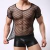 Men's Short Sleeve See-Through Mesh Slim Fit Diamond Net Top B-01