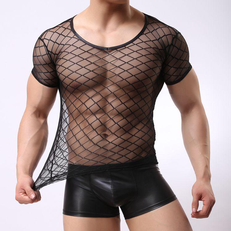 Men's Short Sleeve See-Through Mesh Slim Fit Diamond Net Top B-01