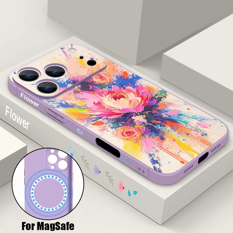 

Luxury Vintage Floral Case For iPhone 17 Pro Max iPhone 16 15 14 13 Pro Max Magnetic For Magsafe Soft Silicone Phone Back Cover iPhone 16 Pro Max фиолетовый