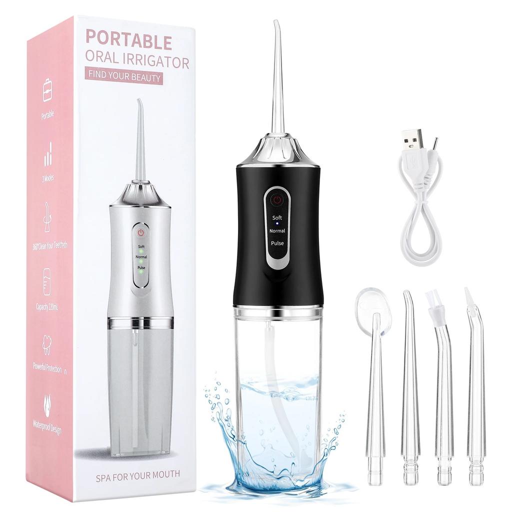 Oral Irrigator Portable USB Rechargeable Dental Water Flosser Water Jet Floss Tooth Pick 4 Jet Tip 220ml 3 Modes IPX7 Waterproof