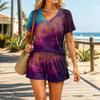 Women's Casual Two Piece Set V Neck Short Sleeve Top and Drawstring Waist Shorts Gradient Print Lightweight Lounge Outfit