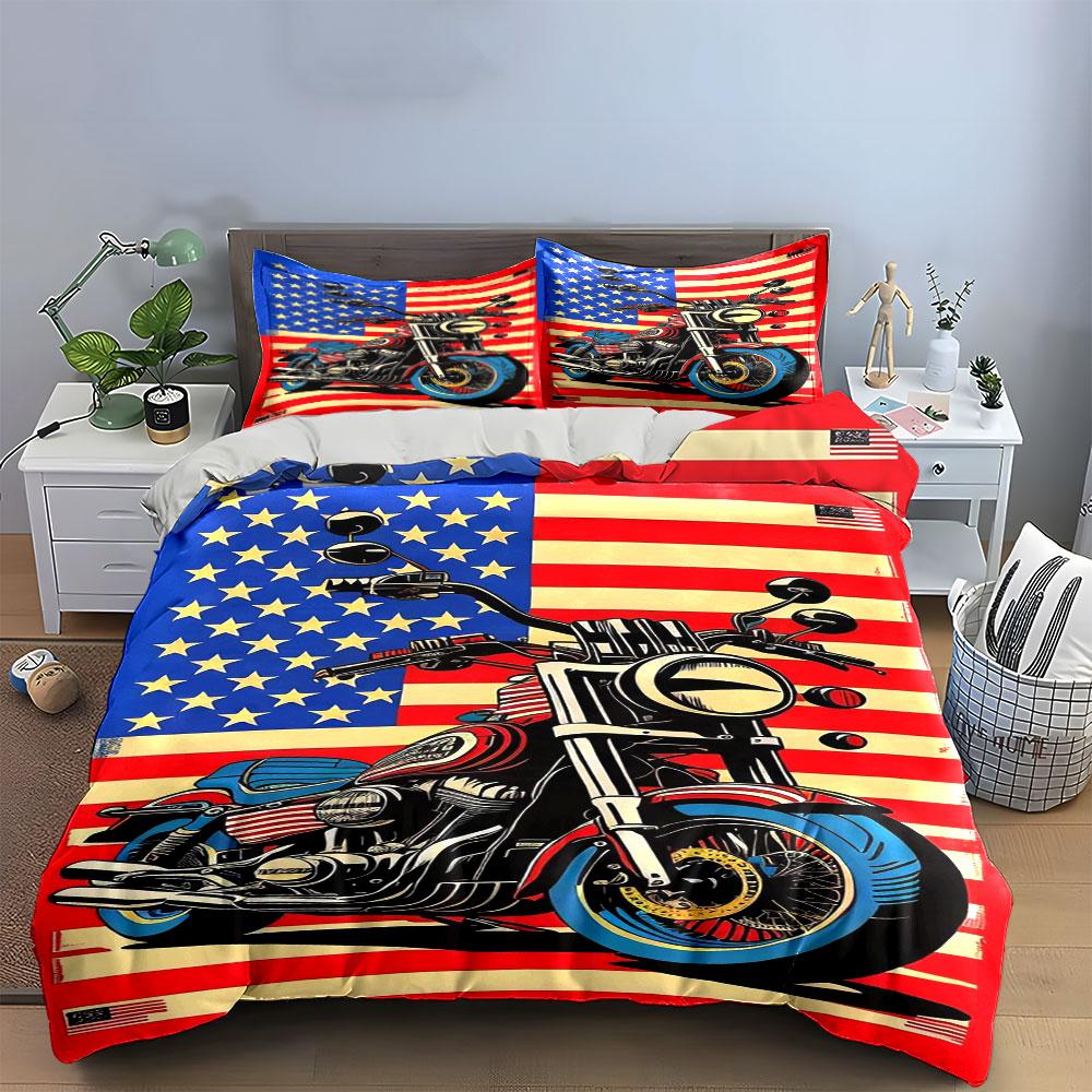 Motorcycle and American flag. Bedding sets Duvet cover sets Duvet covers Pillowcases(1*Duvet Cover 2*Pillowcases without duvet insert)