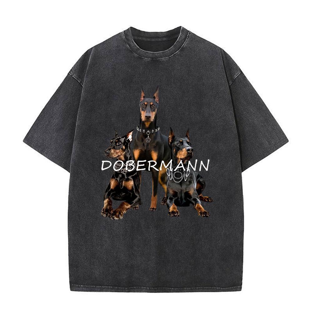 Men Washed T Shirt Oversized Streetwear Hip Hop Doberman Dog Graphic T-shirt Vintage Distressed Cotton Short Sleeve T-shirts
