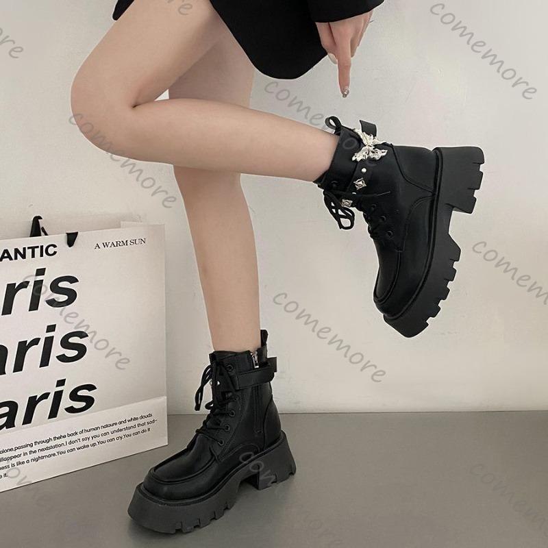Comemore Sweet Cool Motorcycle Ankle Boots Thick Bottom Women's 2025 New Autumn Retro Short Botines Bow Buckle Shoes for Women